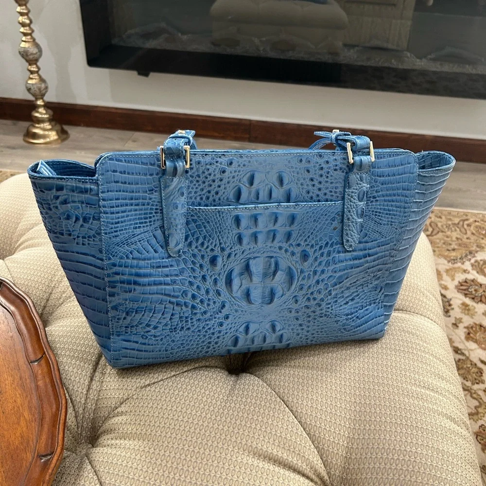 Brahmin Croc Embossed Tote Bag Blue  with Gold Hardware - Picture 6 of 13